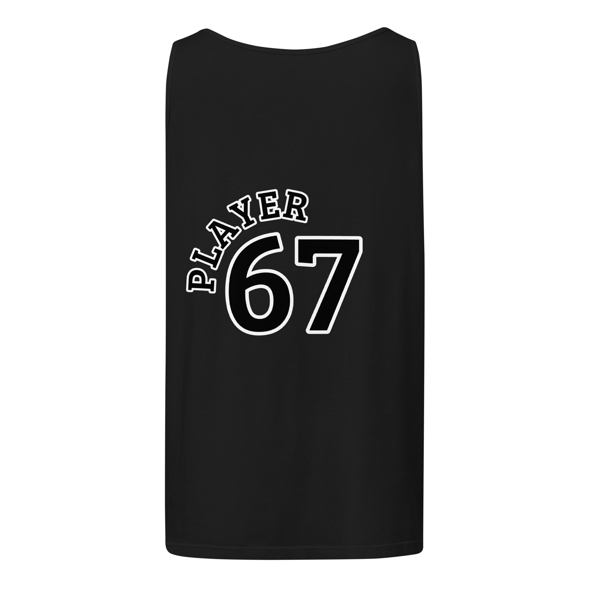 Back view of a black Unisex garment-dyed tank top with 'PLAYER 67' printed on it.