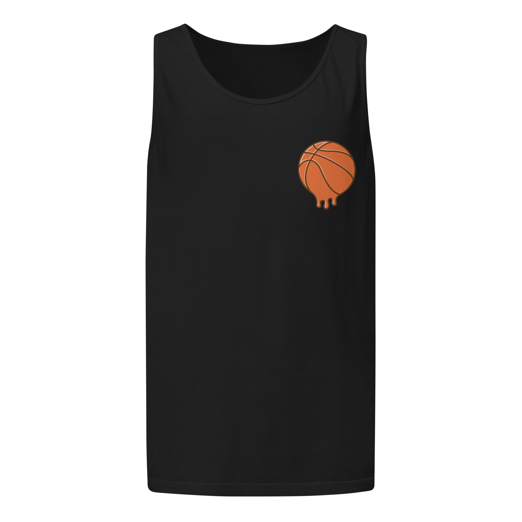 Black unisex garment-dyed tank top with orange basketball graphic on front.