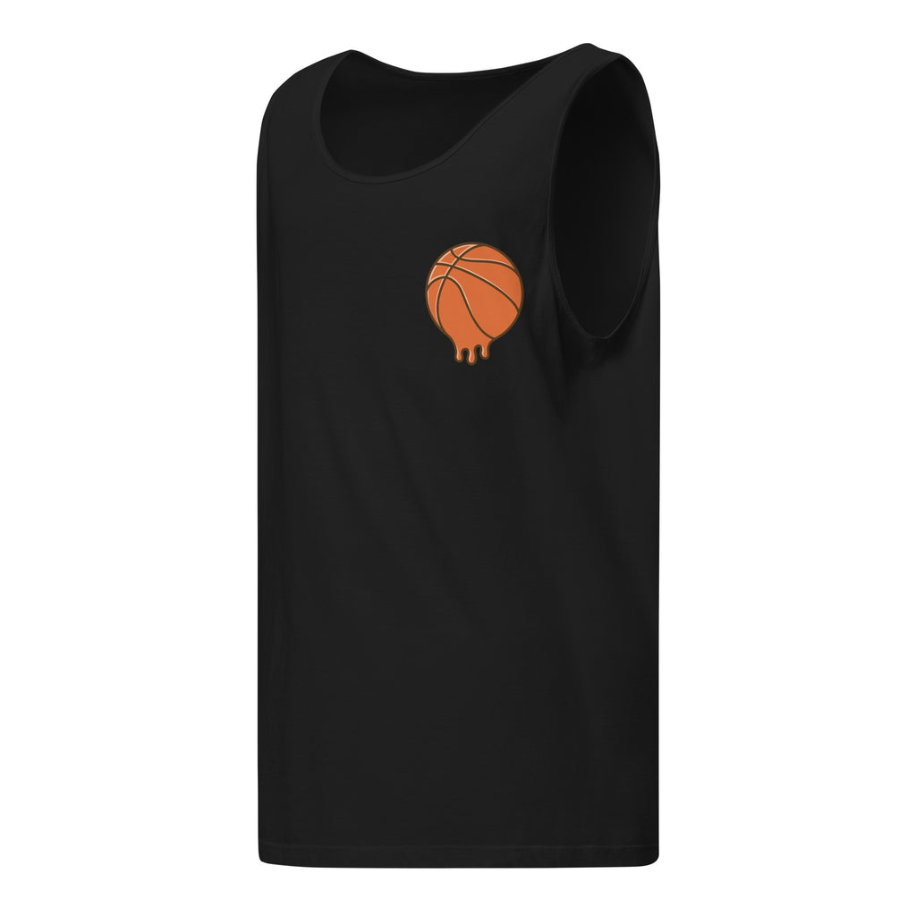 Unisex garment-dyed tank top featuring a basketball graphic on a black background.